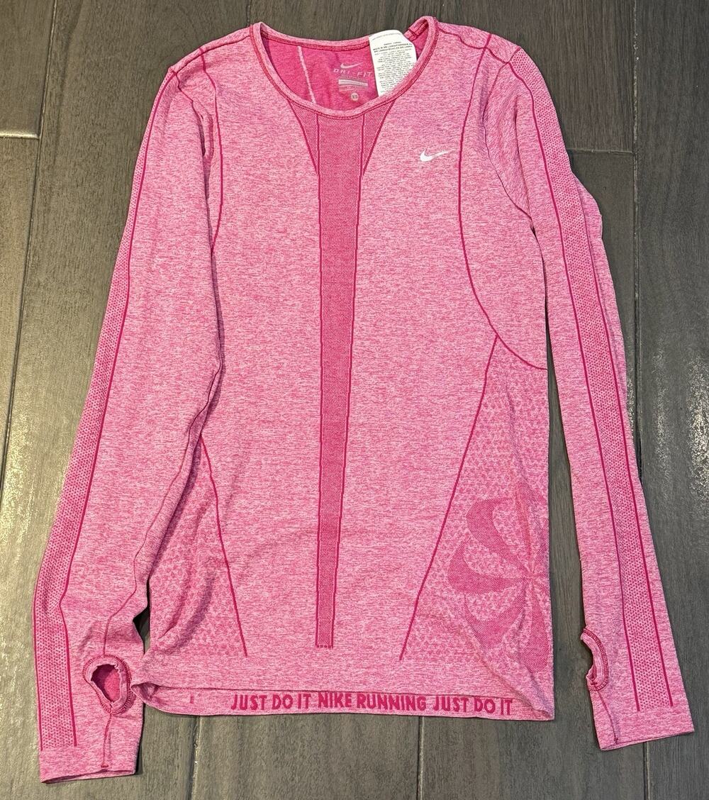 Nike Dri Fit Activewear Running Shirt Pink Long Sleeve Thumb Holes Size X-Small
